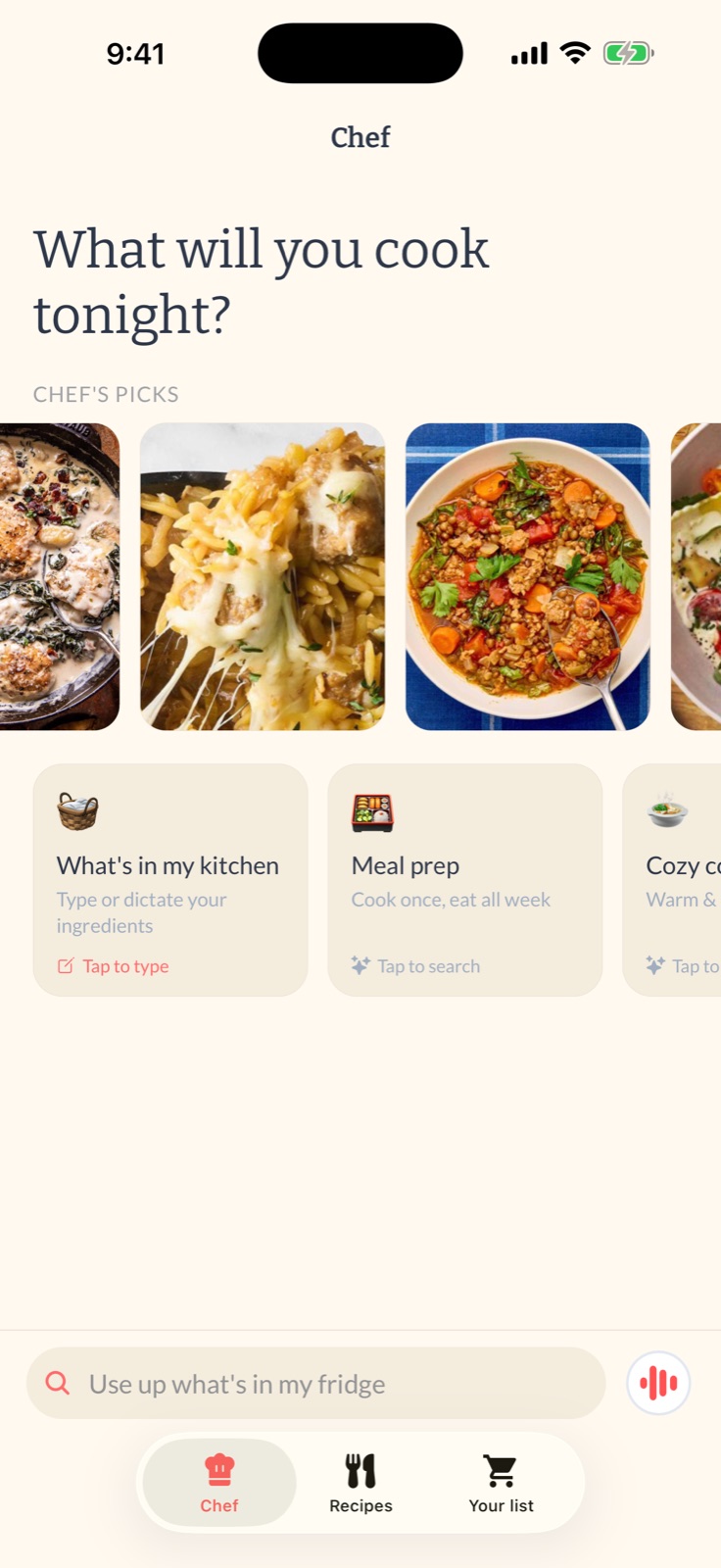 Chef, Semana's AI cooking assistant, suggesting dinner ideas