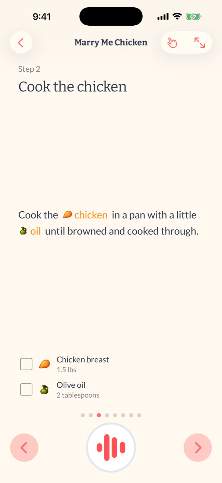 Semana cooking mode with step-by-step instructions