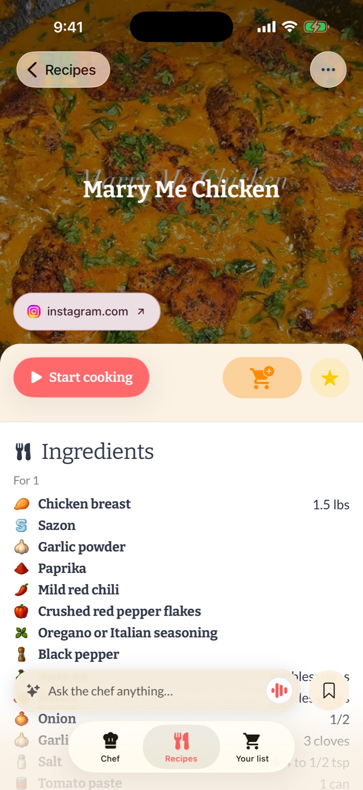 A recipe imported into Semana from Instagram, with clean ingredients and steps