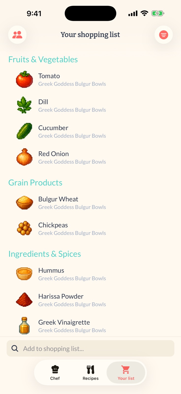 Semana shopping list grouped by aisle